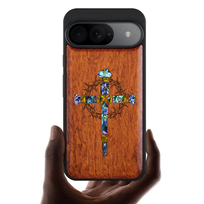 Crucifix Nails, Hand-Inlaid Wood & Mother of Pearl Case - Artisanal Cover for Google Pixel