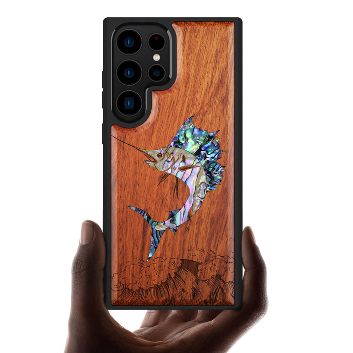 The Soaring Marlin, Hand-Inlaid Wood & Mother of Pearl Case - Artisanal Cover for Samsung Galaxy