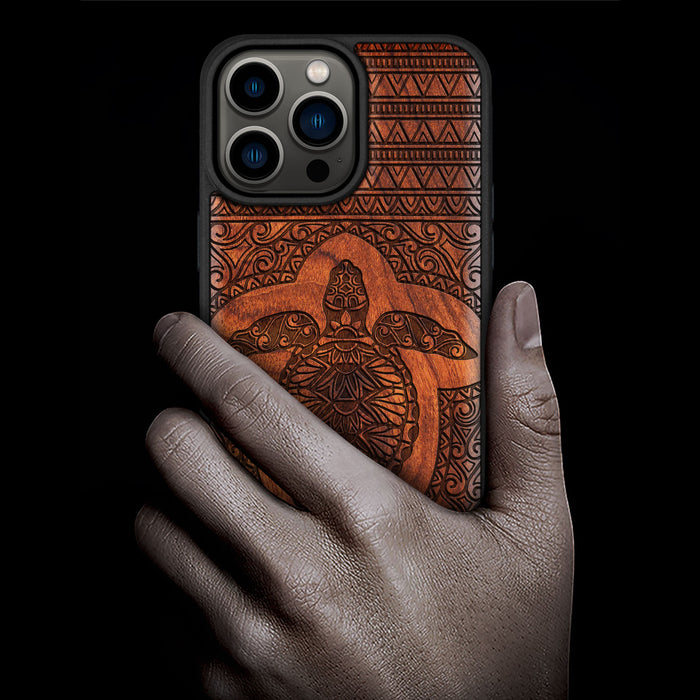 The Enigmatic Turtle, Classic Engraved Wood & TPU Case - Artisanal Cover for Apple iPhone