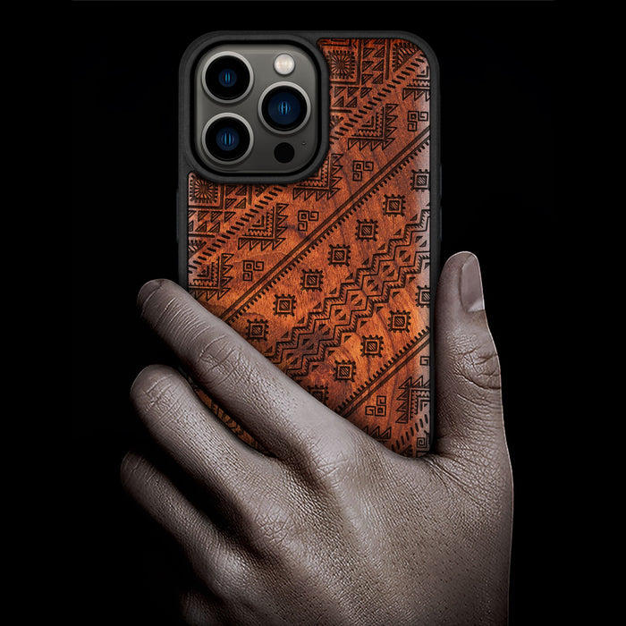 Aztec Geometric Harmony, Classic Engraved Wood & TPU Case - Artisanal Cover for Apple iPhone