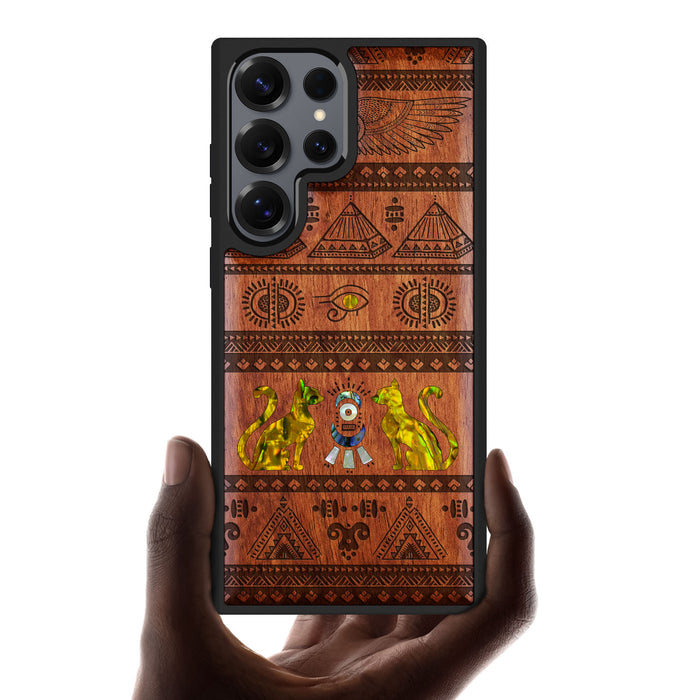 The Symbols of Egypt., Hand-Inlaid Wood & Mother of Pearl Case - Artisanal Cover for Samsung Galaxy