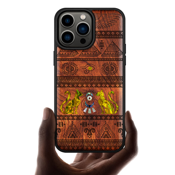 The Symbols of Egypt, Hand-Inlaid Wood & Mother of Pearl Case - Artisanal Cover for Apple iPhone