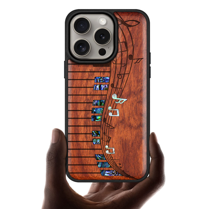 Melodic Waves, Hand-Inlaid Wood & Mother of Pearl Case - Artisanal Cover for Apple iPhone