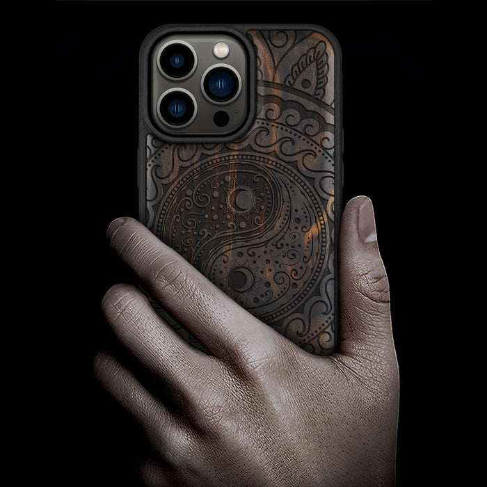 The Yin Yang Paisley, Classic Engraved Wood & TPU Case - Artisanal Cover for Apple iPhone