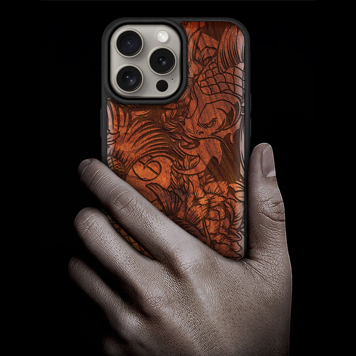 Flowing Harmony, Classic Engraved Wood & TPU Case - Artisanal Cover for Apple iPhone