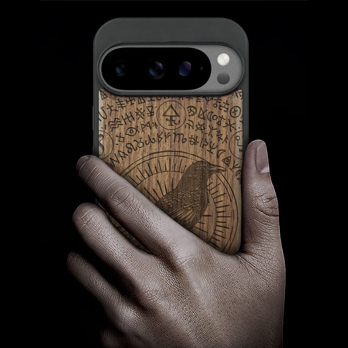 The Haloed Crow, Classic Engraved Wood & TPU Case - Artisanal Cover for Google Pixel