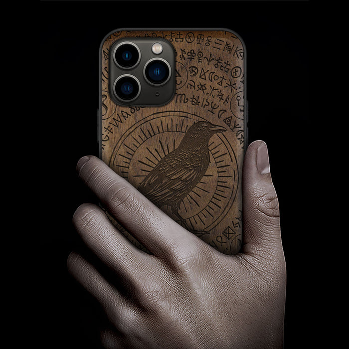 The Haloed Crow, Classic Engraved Wood & TPU Case - Artisanal Cover for Apple iPhone