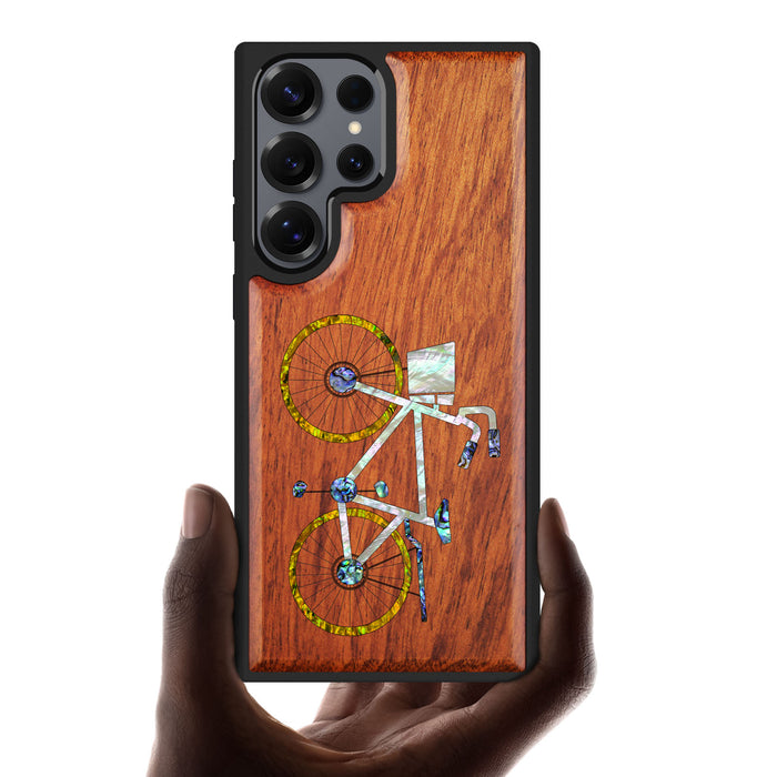 Classic Bicycle Silhouette, Hand-Inlaid Wood & Mother of Pearl Case - Artisanal Cover for Samsung Galaxy