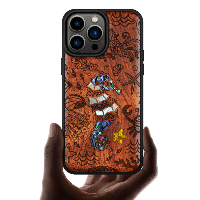 An Aquatic Symphony, Hand-Inlaid Wood & Mother of Pearl Case - Artisanal Cover for Apple iPhone