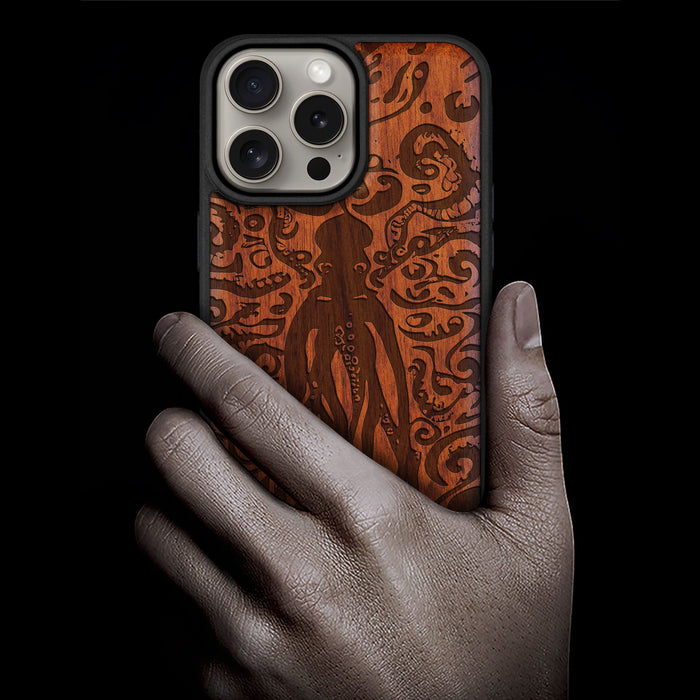 The Octopus's Nocturne, Classic Engraved Wood & TPU Case - Artisanal Cover for Apple iPhone