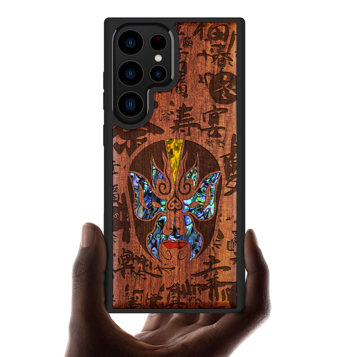 The Chinese Opera Mask, Hand-Inlaid Wood & Mother of Pearl Case - Artisanal Cover for Samsung Galaxy