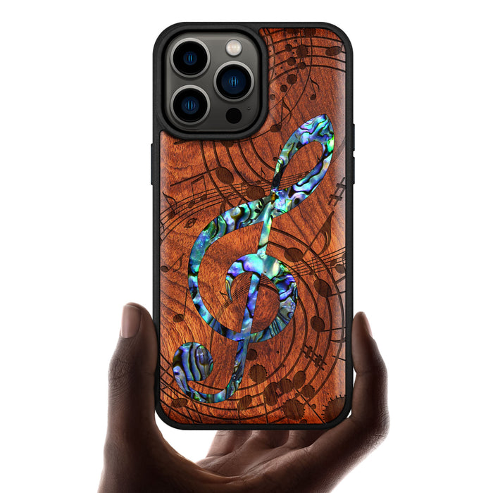 The Grand Clef and Musical Notes, Hand-Inlaid Wood & Mother of Pearl Case - Artisanal Cover for Apple iPhone