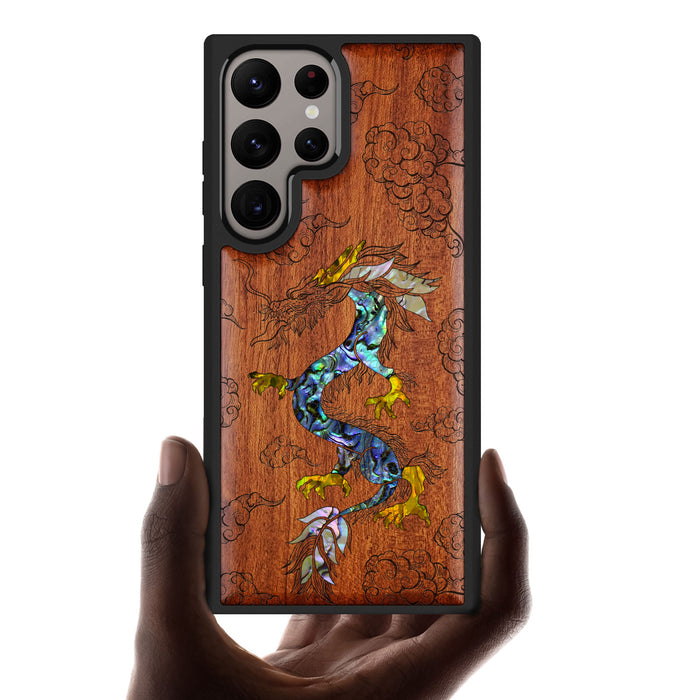The Dragon's Ascen, Hand-Inlaid Wood & Mother of Pearl Case - Artisanal Cover for Samsung Galaxy