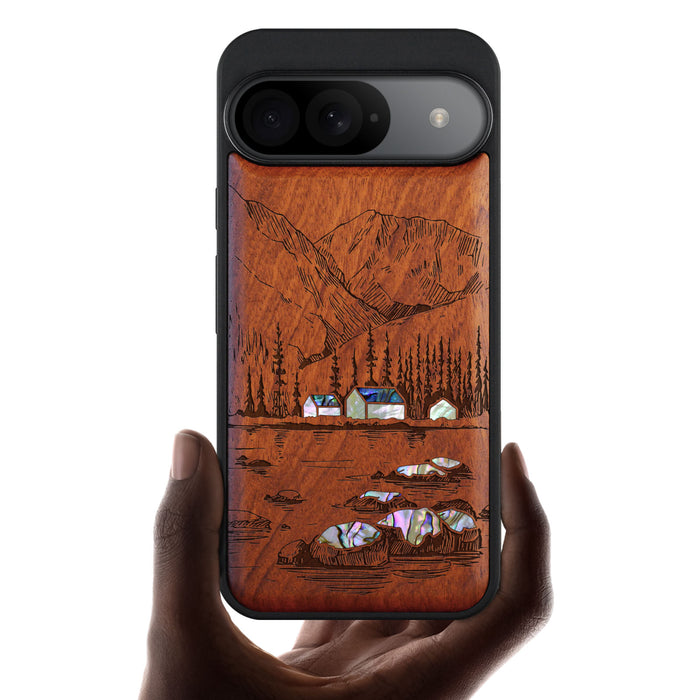 Mountains, Lake, and Village Life, Hand-Inlaid Wood & Mother of Pearl Case - Artisanal Cover for Google Pixel