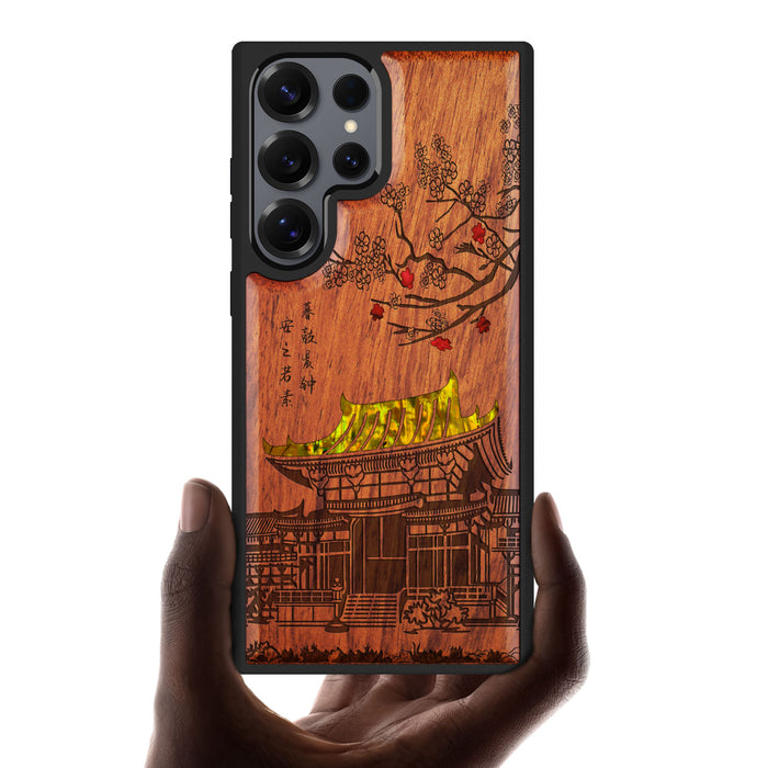 The Ancient Temple Amidst Cherry Blossoms, Hand-Inlaid Wood & Mother of Pearl Case - Artisanal Cover for Samsung Galaxy