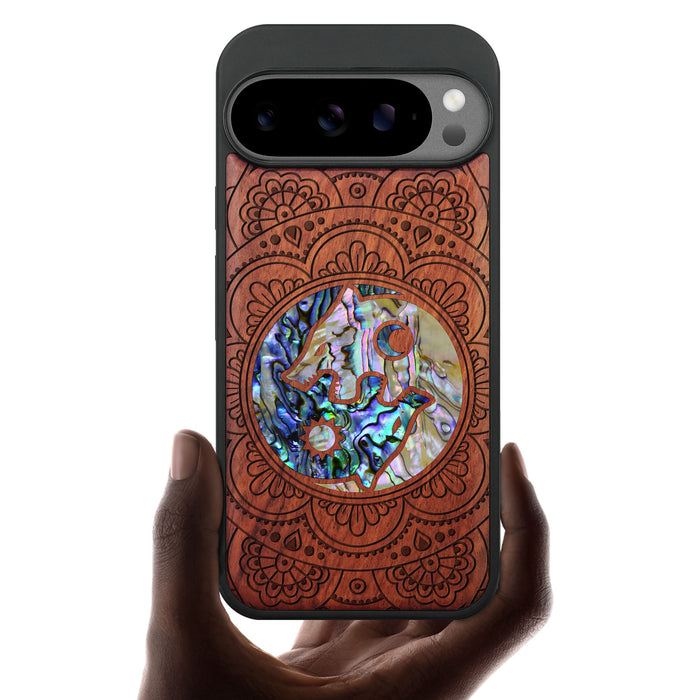 Yin-Yang Wolves Amidst Paisley, Hand-Inlaid Wood & Mother of Pearl Case - Artisanal Cover for Google Pixel