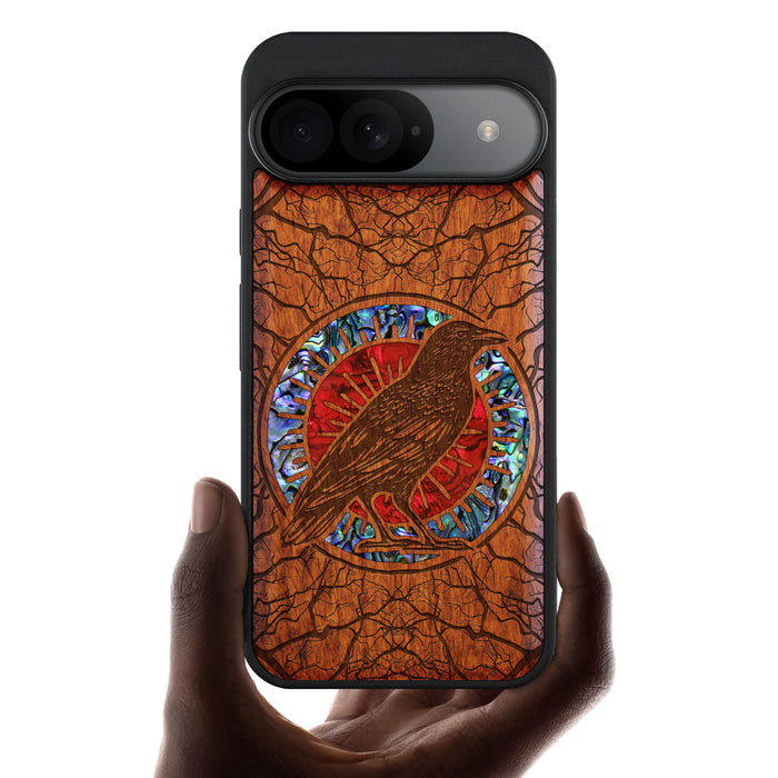 The Haloed Crow, Hand-Inlaid Wood & Mother of Pearl Case - Artisanal Cover for Google Pixel