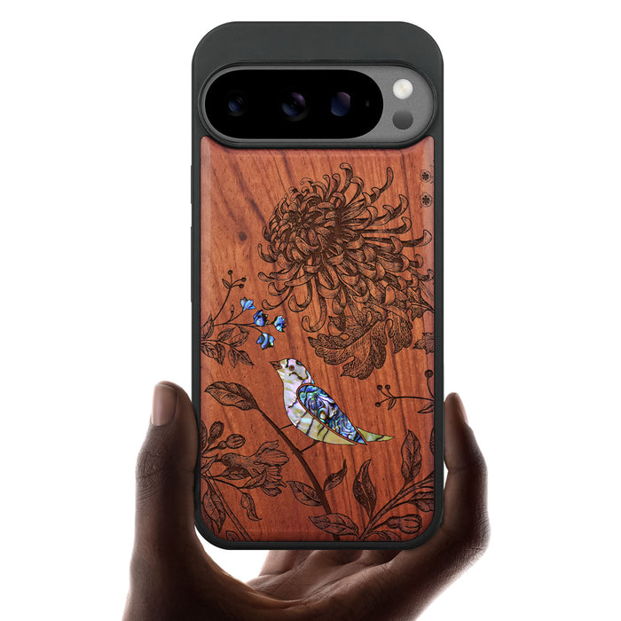 The Chrysanthemum and the Songbird, Hand-Inlaid Wood & Mother of Pearl Case - Artisanal Cover for Google Pixel
