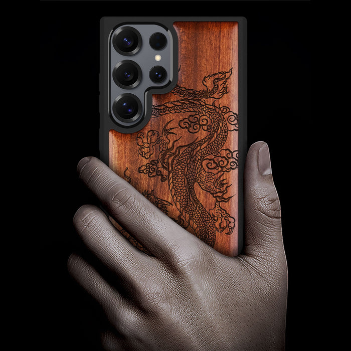Celestial Dragon's Grace, Classic Engraved Wood & TPU Case - Artisanal Cover for Samsung Galaxy