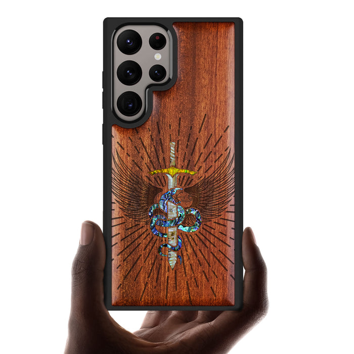 Serpent Winged Sword, Hand-Inlaid Wood & Mother of Pearl Case - Artisanal Cover for Samsung Galaxy
