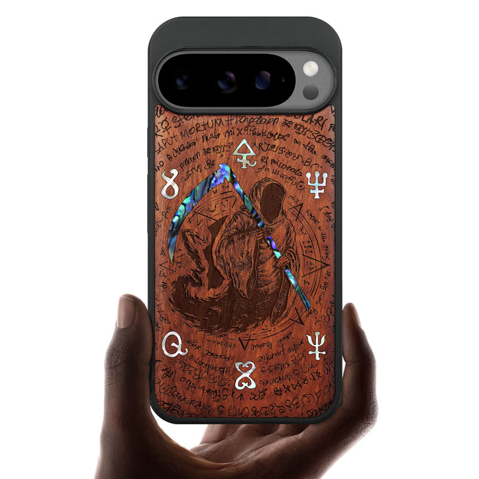 The Reaper's Scythe, Hand-Inlaid Wood & Mother of Pearl Case - Artisanal Cover for Google Pixel
