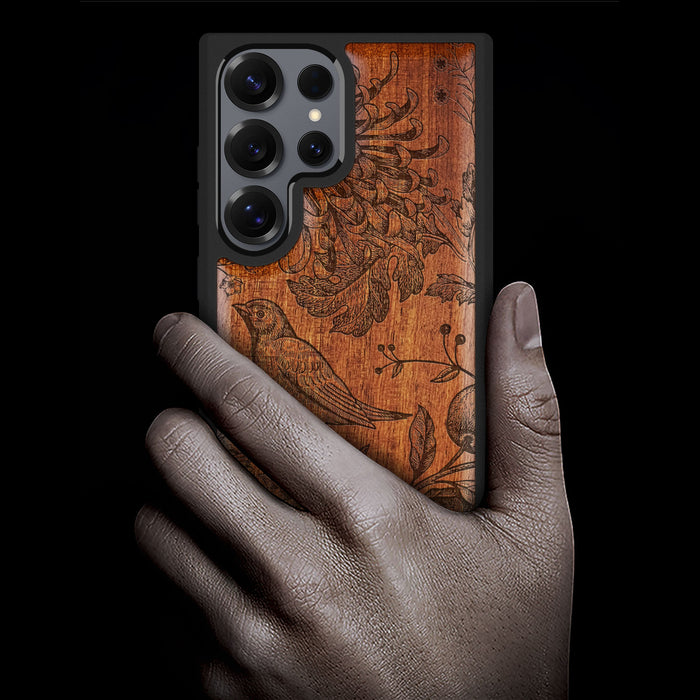 The Chrysanthemum and the Songbird Classic Engraved Wood & TPU Case Samsung Galaxy Artisanal Case View