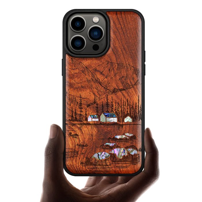 Mountains, Lake, and Village Life, Hand-Inlaid Wood & Mother of Pearl Case - Artisanal Cover for Apple iPhone