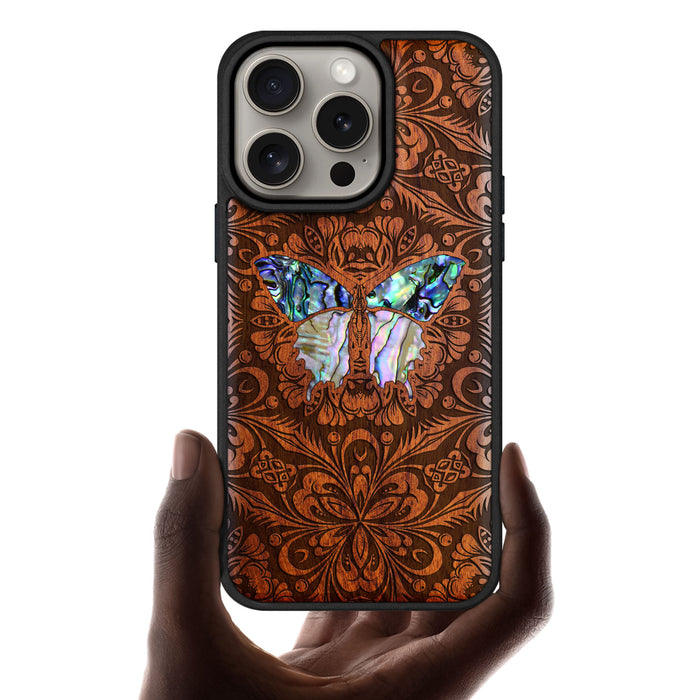 Baroque Butterfly, Hand-Inlaid Wood & Mother of Pearl Case - Artisanal Cover for Apple iPhone