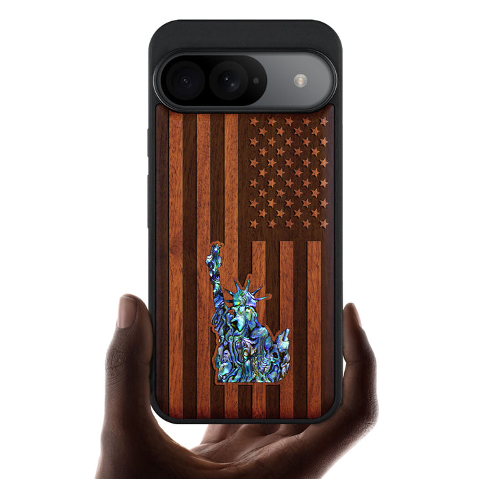 Statue of Liberty and Flag, Hand-Inlaid Wood & Mother of Pearl Case - Artisanal Cover for Google Pixel