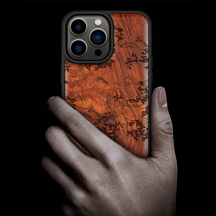 Oriental Elegance, Classic Engraved Wood & TPU Case - Artisanal Cover for Apple iPhone