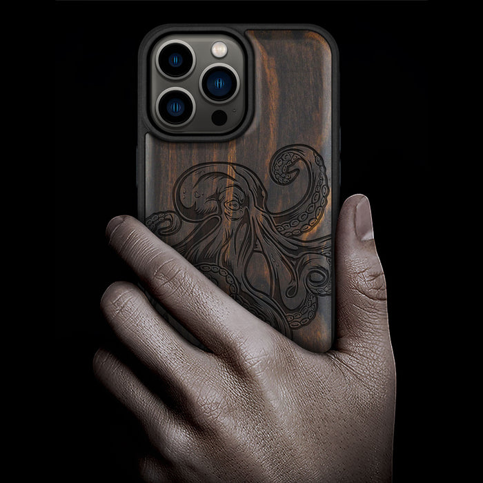 Bodybuilding Octopus Illustration, Classic Engraved Wood & TPU Case - Artisanal Cover for Apple iPhone