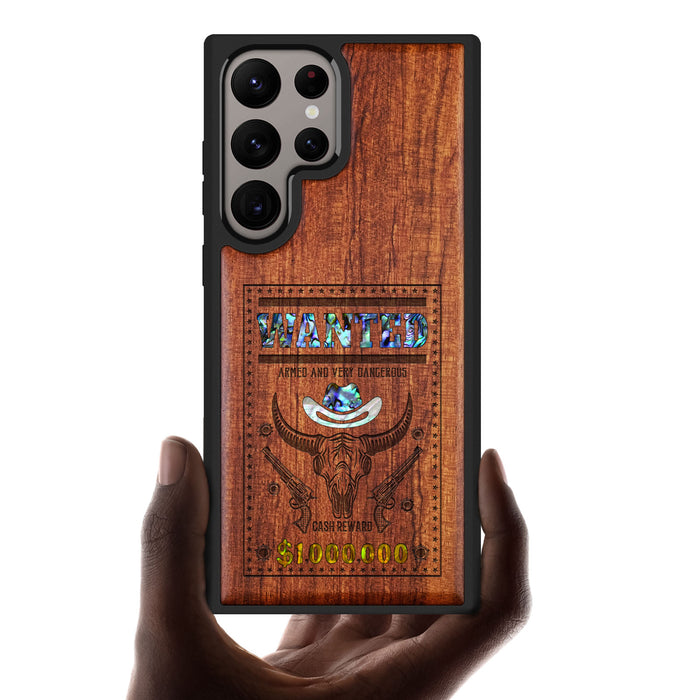 Western Wanted Poster, Hand-Inlaid Wood & Mother of Pearl Case - Artisanal Cover for Samsung Galaxy