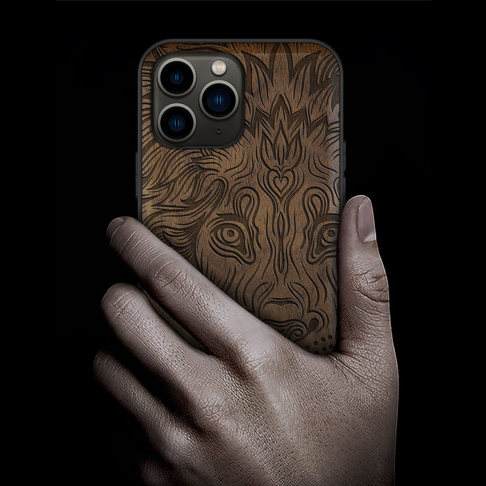 The Filigree Lion in Zentangle Style, Classic Engraved Wood & TPU Case - Artisanal Cover for Apple iPhone