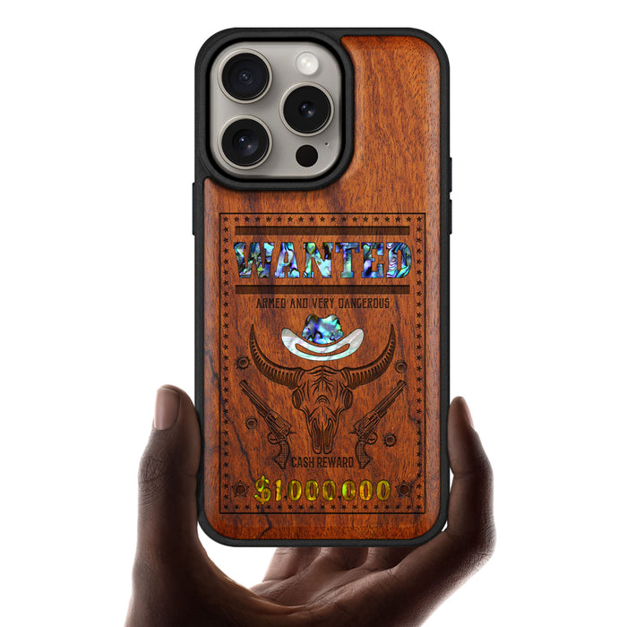 Western Wanted Poster, Hand-Inlaid Wood & Mother of Pearl Case - Artisanal Cover for Apple iPhone