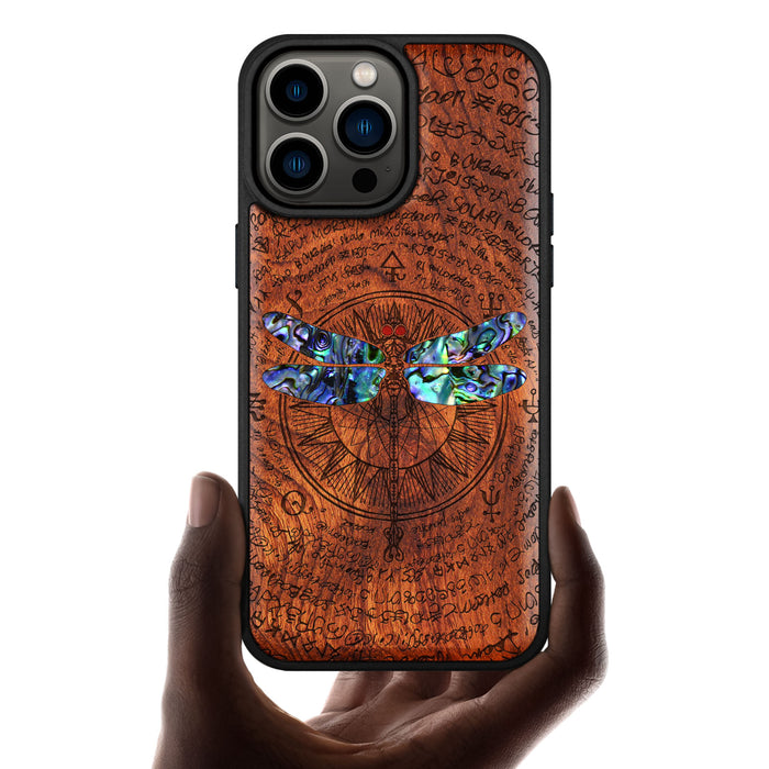 The Graceful Dragonfly, Hand-Inlaid Wood & Mother of Pearl Case - Artisanal Cover for Apple iPhone