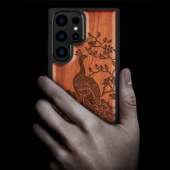 The Majestic Asian Peacock, Classic Engraved Wood & TPU Case - Artisanal Cover for Samsung Galaxy