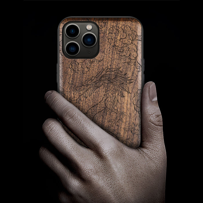 The Dragon's Ascent, Classic Engraved Wood & TPU Case - Artisanal Cover for Apple iPhone