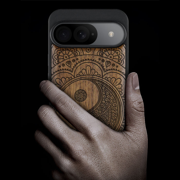 The Yin-Yang Mandala, Classic Engraved Wood & TPU Case - Artisanal Cover for Google Pixel