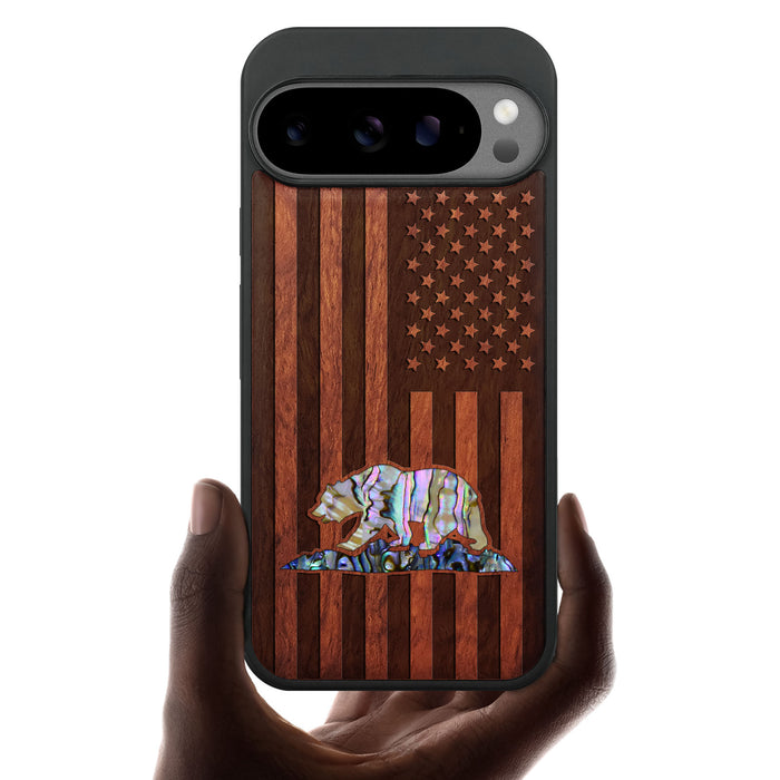 The Grizzly of the Golden State, Hand-Inlaid Wood & Mother of Pearl Case - Artisanal Cover for Google Pixel