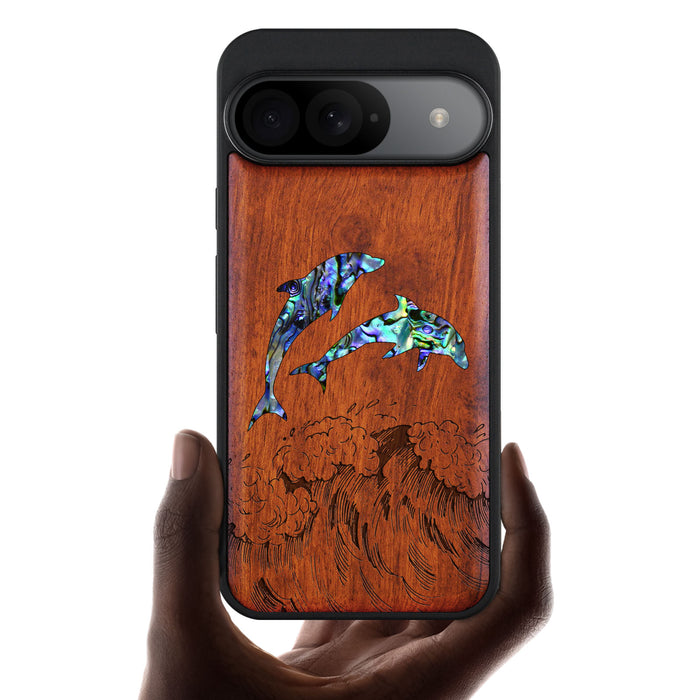 Dual Dolphins in the Waves, Hand-Inlaid Wood & Mother of Pearl Case - Artisanal Cover for Google Pixel