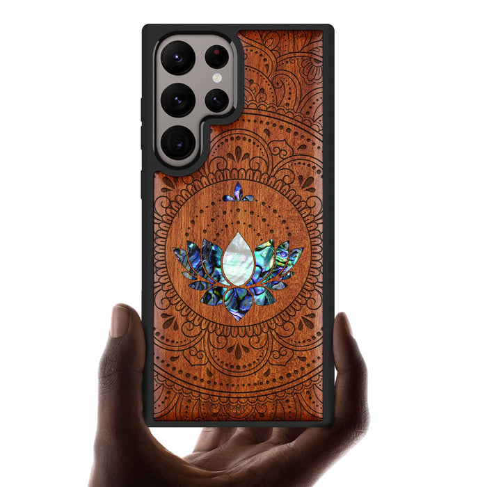 Lotus Mandala Essence, Hand-Inlaid Wood & Mother of Pearl Case - Artisanal Cover for Samsung Galaxy