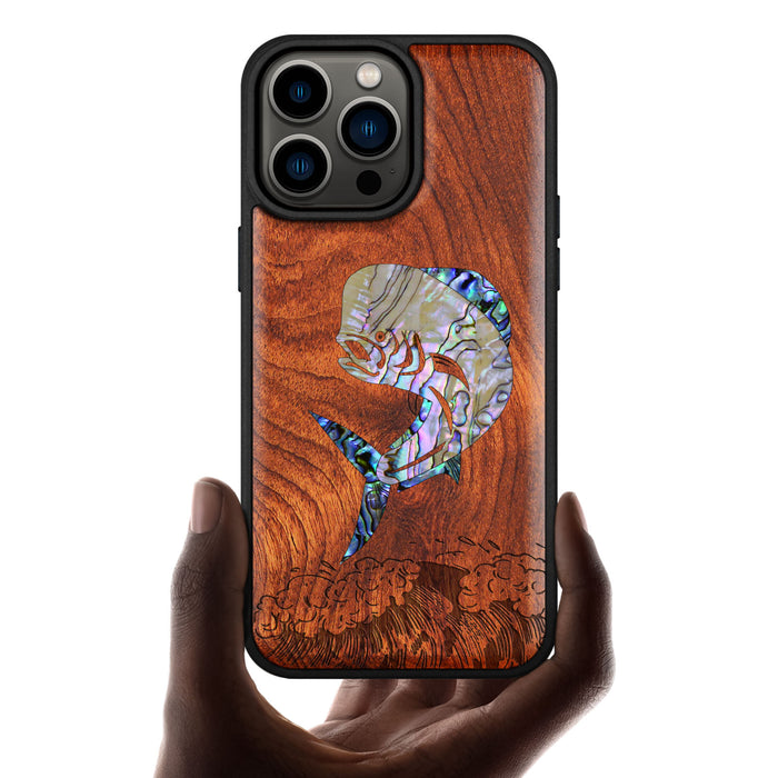 The Majestic Mahi-Mahi, Hand-Inlaid Wood & Mother of Pearl Case - Artisanal Cover for Apple iPhone