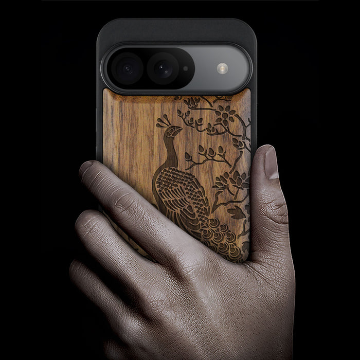 The Majestic Asian Peacock, Classic Engraved Wood & TPU Case - Artisanal Cover for Google Pixel