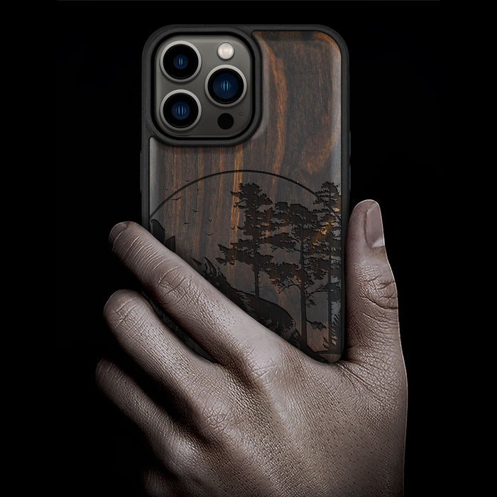 The Enchanting Fox, Classic Engraved Wood & TPU Case - Artisanal Cover for Apple iPhone