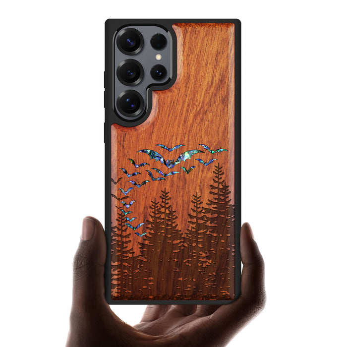 Bats Over the Forest, Hand-Inlaid Wood & Mother of Pearl Case - Artisanal Cover for Samsung Galaxy