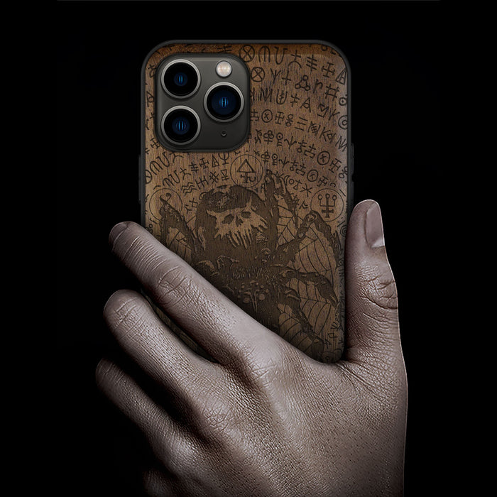 Enigmatic Black Spider Amidst Runes, Classic Engraved Wood & TPU Case - Artisanal Cover for Apple iPhone