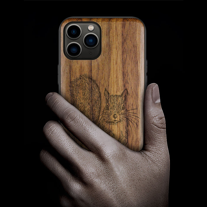 The Squirrel Sketch, Classic Engraved Wood & TPU Case - Artisanal Cover for Apple iPhone