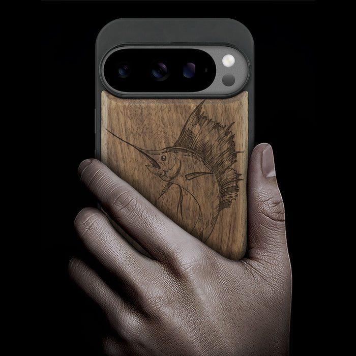 The Soaring Marlin, Classic Engraved Wood & TPU Case - Artisanal Cover for Google Pixel