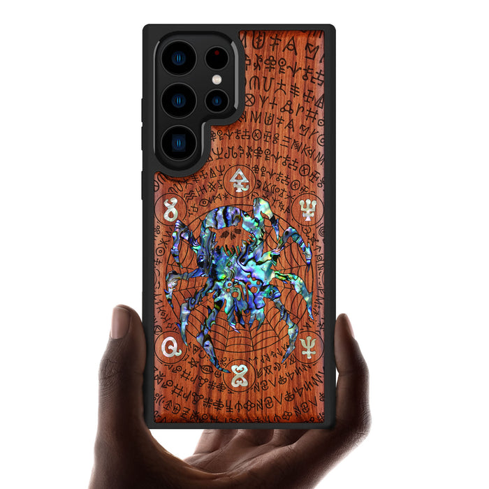 Shadows of the Web, Hand-Inlaid Wood & Mother of Pearl Case - Artisanal Cover for Samsung Galaxy