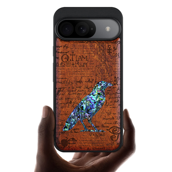 Raven Script, Hand-Inlaid Wood & Mother of Pearl Case - Artisanal Cover for Google Pixel